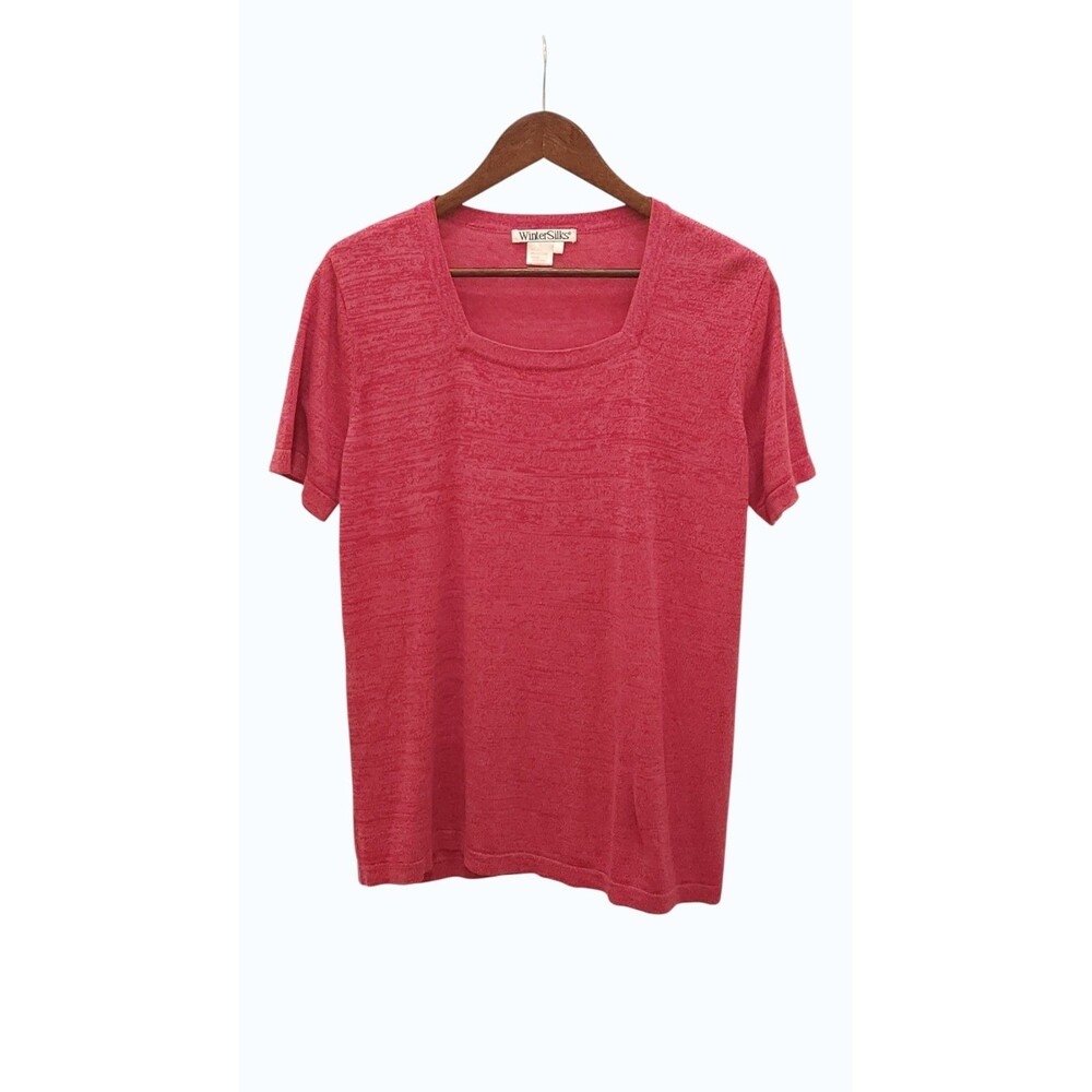 WinterSilks Pink Square Neck Short Sleeve Silk Blend Knit Top Shirt - XL